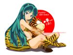  1boy 1girl animal_print bikini blue_eyes boots commentary_request cushion eyebrows_visible_through_hair eyeshadow full_body green_hair happoubi_jin happy_new_year horns hug hug_from_behind knee_boots long_hair looking_at_viewer lum makeup new_year oni oni_horns rei_(urusei_yatsura) simple_background sitting smile strapless strapless_bikini sun swimsuit tiger_print tiger_stripes urusei_yatsura white_background 
