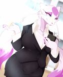  5_fingers absurd_res anthro belly big_breasts breasts cellphone clothed clothing female fingers fur green_eyes hi_res mammal mienshao nino_onodera nintendo phone pok&eacute;mon pok&eacute;mon_(species) pok&eacute;morph solo suit video_games white_body white_fur 