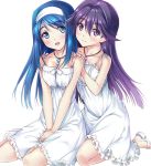  2girls blue_eyes blue_hair breasts commentary_request dress frilled_dress frills full_body futaba_aoi_(vividred_operation) hairband jewelry kneeling kuroki_rei long_hair looking_at_viewer medium_breasts multiple_girls necklace nonbe open_toe_shoes purple_eyes purple_hair simple_background spaghetti_strap sundress v_arms vividred_operation white_background white_dress white_footwear white_hairband 