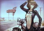  blue_eyes breasts car gloves goggles grass green_hair idolmaster idolmaster_cinderella_girls motorcycle navel nipples no_bra open_shirt pubic_hair short_hair sky takagaki_kaede yasukura_(shibu11) 