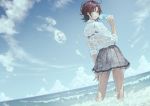  asakura_tooru blue_eyes bra brown_hair clouds drink idolmaster idolmaster_shiny_colors school_uniform see_through shirt short_hair skirt sky underwear water yasukura_(shibu11) 