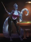  2020 anthro barefoot billiard_table blue_body bottomwear breasts bunnywhiskerz claws clothing female gecko hi_res inside lamp lizard looking_at_viewer non-mammal_breasts pants pink_eyes reptile scalie smile solo standing 
