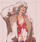 1boy bangs boku_no_hero_academia brown_coat coat collarbone commentary english_commentary fur-trimmed_coat fur_trim grey_background grey_hair hair_between_eyes hand_on_own_forehead hand_up hawaiian_shirt highres jimi_(jimieezy) long_sleeves medium_hair mole mole_under_mouth open_mouth piercing pink_shirt red_eyes scar scar_across_eye shigaraki_tomura shirt simple_background solo teeth tongue_piercing upper_body 