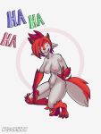  anthro breasts canid canine crouching female fours_(artist) genitals grinion_(species) hair hi_res horn looking_at_viewer mammal pussy red_hair sharp_teeth smiley_cindy_(skashi95) solid_eyes solo tan_body teeth 
