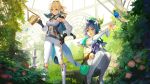  1boy 1girl bard blonde_hair blue_capelet blue_eyes blue_hair braid breasts bug butterfly capelet closed_mouth detached_sleeves flower genshin_impact gloves gradient_hair green_headwear greenhouse hair_ornament hat highres insect jean_gunnhildr long_sleeves looking_at_viewer looking_to_the_side minty0 multicolored_hair open_mouth plant pointing ponytail shorts smile tight twin_braids venti_(genshin_impact) watering_can white_legwear 