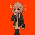  1girl artist_name backpack bag bangs black_jacket black_legwear black_shirt blush commentary danganronpa_(series) danganronpa_2:_goodbye_despair dress_shirt english_commentary feet_out_of_frame finger_to_own_chin hair_ornament hairclip hood hood_down hooded_jacket jacket legs_together light_brown_hair long_sleeves mark_(daiihai) nanami_chiaki neck_ribbon open_clothes open_jacket pink_eyes pink_ribbon pleated_skirt red_background ribbon shirt shirt_tucked_in simple_background skirt solo spaceship_hair_ornament standing thighhighs two-tone_shirt white_shirt zettai_ryouiki 