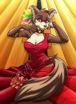  anthro beastars brown_body brown_fur canid canine canis clothed clothing dress female fur juno_(beastars) makeup mammal purple_eyes red_clothing solo soronous white_body wolf 