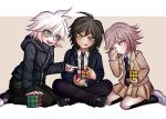  1girl 2boys :q alternate_costume antenna_hair black_jacket black_legwear black_pants brown_eyes brown_hair brown_pants brown_skirt child collared_shirt danganronpa_(series) danganronpa_2:_goodbye_despair dress_shirt english_commentary glasses hinata_hajime indian_style jacket kneehighs komaeda_nagito kurokku-tokei light_brown_hair multiple_boys nanami_chiaki official_style pants pink_eyes pleated_skirt rubik&#039;s_cube seiza shirt sitting skirt tongue tongue_out wariza white_hair white_shirt yellow_eyes younger 