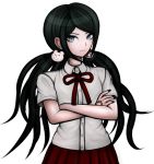  1girl bangs bear_hair_ornament black_hair black_nails blue_eyes closed_mouth commentary crossed_arms danganronpa:_trigger_happy_havoc danganronpa_(series) dress_shirt english_commentary hair_ornament hand_tattoo ikusaba_mukuro jewelry kurokku-tokei long_hair looking_at_viewer low_twintails neck_ribbon official_style pleated_skirt red_ribbon red_skirt ribbon shirt short_sleeves simple_background skirt solo swept_bangs twintails upper_body white_background white_shirt 