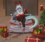  4_toes 5_fingers anthro bunny_costume car carpet christmas christmas_lights christmas_present christmas_sock christmas_tree clothing costume dragon eurostar female fingers garage hi_res holidays hyundai hyundai_elantra inside looking_at_viewer model_train orang111 plant sitting solo toes tree vehicle 