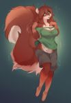  2021 anthro barefoot bottomwear breasts bunnywhiskerz clothing countershading female fur genitals green_background green_eyes hair hi_res leksi long_tail mammal open_mouth pussy red_body red_fur red_hair rodent sciurid shirt shorts simple_background solo surprise topwear transformation white_countershading 