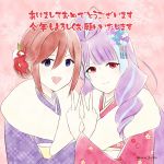  2girls artist_name bangs blue_eyes blunt_bangs drill_hair eyebrows_visible_through_hair fur_scarf hair_between_eyes highres japanese_clothes kaname_buccaneer kimono looking_at_viewer macross macross_delta mikumo_guynemer multiple_girls open_mouth purple_hair qualle red_eyes smile tied_hair v walkure_(macross_delta) yukata 