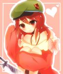  1girl androgynous beret bow bowtie dagger flaky hair_ornament hairclip happy_tree_friends hat heart kayakugohan long_hair necktie red_hair simple_background solo sweater weapon 