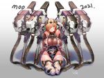  1girl 2021 animal_print armpits arms_up bell bell_collar blonde_hair blush breasts collar covered_navel cow_print cowbell doyouwantto elbow_gloves eyes_visible_through_hair gloves headgear kneeling large_breasts long_hair looking_at_viewer mecha_musume original print_leotard shiny shiny_hair shiny_skin skin_tight skindentation smile solo yellow_eyes 