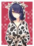  1girl alternate_costume animal_print blush breasts brown_eyes chinese_zodiac closed_mouth collarbone cow_print eyebrows_visible_through_hair eyepatch hair_over_one_eye hands_in_pockets hood hoodie kantai_collection kotobuki_(momoko_factory) large_breasts looking_at_viewer messy_hair purple_hair red_background short_hair smile solo tenryuu_(kantai_collection) twitter_username upper_body year_of_the_ox 