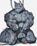  2021 anthro balls bdsm big_muscles big_penis bodily_fluids bound canid canine canis chain collar cum erection foreskin fur genital_fluids genitals grey_body grey_fur handcuffs humanoid_genitalia humanoid_penis kneeling male mammal muscular muscular_anthro muscular_male nude one_eye_closed pecs penis shackles simple_background solo sozoronabi uncut white_background wolf 