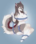  2020 anthro black_nose blue_background blue_eyes breasts bunnywhiskerz canid canine canis countershading female fur grey_body grey_fur hair hi_res mammal nude one_eye_closed ribbons simple_background smile solo thick_thighs white_countershading wolf 