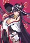  1girl 2021 absurdres azur_lane black_hair black_headwear black_kimono closed_fan cross cross_necklace eyebrows_visible_through_hair fan feather_boa flower folding_fan hat highres hime_cut holding holding_fan iron_cross japanese_clothes jewelry kimono long_hair necklace off-shoulder_kimono official_alternate_costume peter_strasser_(azur_lane) peter_strasser_(chronos&#039;s_kalendae)_(azur_lane) purple_eyes simple_background sun_hat very_long_hair white_flower wide_sleeves yoshitoki_(kisshin) 