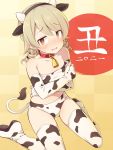  1girl animal_ears animal_print bangs bell bell_collar bikini blush boots brown_background brown_eyes brown_hair checkered checkered_background collar commentary_request cow_ears cow_horns cow_print cow_tail elbow_gloves eyebrows_visible_through_hair fake_animal_ears fake_horns gloves hair_between_eyes horns idolmaster idolmaster_cinderella_girls long_hair looking_at_viewer morikubo_nono nose_blush parted_lips print_bikini print_footwear print_gloves print_legwear red_collar ringlets sitting solo sweat swimsuit tail thigh_boots thighhighs translation_request uccow wariza wavy_mouth white_bikini white_footwear white_legwear 