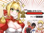  1girl 3boys ahoge archer arjuna_(fate/grand_order) bangs blonde_hair blush braid breasts brown_eyes brown_hair cleavage cleavage_cutout closed_mouth clothing_cutout dark_skin dark_skinned_male dress earrings epaulettes fate/extra fate/grand_order fate/stay_night fate_(series) french_braid gilgamesh green_eyes grin hair_between_eyes hair_bun hair_intakes highres jacket jewelry juliet_sleeves large_breasts long_hair long_sleeves looking_at_viewer multiple_boys necklace nero_claudius_(fate) nero_claudius_(fate)_(all) puffy_sleeves red_dress red_eyes short_hair smile sparkle translation_request white_hair white_jacket yayoi_maka 