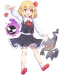  1girl :d banette beads black_skirt black_vest blonde_hair bobby_socks caramell0501 commentary_request crossover fang full_body gastly gen_1_pokemon gen_3_pokemon hair_ribbon highres long_sleeves looking_at_viewer mary_janes necktie open_mouth outstretched_arm petticoat poke_ball poke_ball_(basic) pokemon pokemon_(creature) red_eyes red_footwear red_neckwear red_ribbon ribbon rumia shirt shoes short_hair simple_background skirt skirt_set smile socks touhou vest white_background white_shirt 