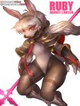  2020 3:4 accessory anthro clothing female girlsay gloves hair hair_accessory hairband handwear hi_res holding_polearm lagomorph leotard leporid looking_at_viewer mammal rabbit red_eyes ruby_(girlsay) simple_background smile solo white_background white_hair 
