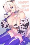  1girl animal_ears animal_print azur_lane belfast_(azur_lane) bikini blue_eyes blue_footwear blue_gloves blue_legwear boots breasts chain collar commentary_request cow_ears cow_horns cow_print detached_sleeves eyebrows_visible_through_hair eyes_visible_through_hair fake_animal_ears fake_horns gloves gradient gradient_background grey_background happy_new_year high_heel_boots high_heels highres horns large_breasts long_hair looking_at_viewer milk navel new_year nipple_piercing piercing sitting solo supurai swimsuit thigh_boots thighhighs wariza white_hair 