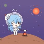  1girl ahoge astronaut black_eyes blue_hair blush campfire chibi elf food heart heart_eyes holding holding_stick hololive looking_up marshmallow nawate_(dij) open_mouth outer_wilds pointy_ears roasting solo space stick sun virtual_youtuber yukihana_lamy 