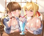  2girls ^_^ ahoge alternate_costume bangs black_choker blonde_hair bracelet braid braided_bun breasts brown_hair casual choker cleavage closed_eyes commentary_request cup drinking_glass drinking_straw eyebrows_visible_through_hair fate/extra fate_(series) grey_jacket hair_intakes hair_ribbon hand_up highres jacket jewelry kishinami_hakuno_(female) long_hair looking_at_another medium_breasts multiple_girls nail_polish nero_claudius_(fate) nero_claudius_(fate)_(all) open_clothes open_jacket red_nails red_ribbon ribbon strapless upper_body wristband yayoi_maka yellow_eyes 