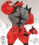 2021 anthro back_muscles barazoku biceps big_butt big_muscles body_writing butt butt_focus flexing group hi_res holidays incineroar looking_back male muscular muscular_anthro muscular_male new_year nintendo nude number pok&eacute;mon pok&eacute;mon_(species) rear_view simple_background smile solo_focus standing thick_thighs tora_gy video_games 