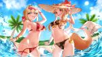  2girls absurdres ahoge animal_ears bangs bare_shoulders bikini black_bikini blonde_hair blue_sky blush braid breasts brown_hair cleavage collarbone fate/extra fate_(series) floral_print french_braid green_eyes hair_between_eyes hair_bun hair_intakes hat highres holo large_breasts long_hair looking_at_viewer medium_breasts multiple_girls navel nero_claudius_(fate) nero_claudius_(fate)_(all) open_mouth red_bikini red_eyes sky smile spice_and_wolf straw_hat swimsuit tail thighs wading wolf_ears wolf_girl wolf_tail yayoi_maka 