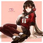  1girl arm_support bangs blunt_bangs brown_hair closed_mouth commentary_request copyright_name danganronpa_(series) danganronpa_v3:_killing_harmony dated hair_ornament hair_scrunchie hand_on_own_chest harukawa_maki long_hair looking_at_viewer low_twintails miniskirt mole mole_under_eye pleated_skirt red_eyes red_legwear red_scrunchie red_shirt school_uniform scrunchie serafuku shirt shoes sitting skirt solo tearing_up tears thighhighs twintails uroko_(mnr) 