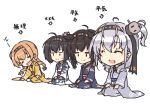  4girls ahoge akizuki_(kantai_collection) black_hair black_headband black_kimono braid brown_hair closed_eyes clothes_writing commentary_request grey_kimono hachimaki hair_flaps hair_ornament hatsuzuki_(kantai_collection) headband japanese_clothes kantai_collection kimono light_brown_hair long_hair multiple_girls nakadori_(movgnsk) one_side_up ponytail propeller_hair_ornament seiza short_hair silver_hair simple_background sitting smile suzutsuki_(kantai_collection) teruzuki_(kantai_collection) translation_request twin_braids white_background yellow_kimono 