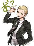  1boy artist_name black_jacket black_neckwear blonde_hair blush_stickers collared_shirt commentary_request cropped_torso danganronpa_(series) danganronpa_2:_goodbye_despair formal freckles hand_in_pocket hand_up index_finger_raised jacket jewelry kuzuryuu_fuyuhiko long_hair long_sleeves looking_at_viewer male_focus nagi_to_(kennkenn) necktie open_clothes open_jacket open_mouth ring shirt short_hair simple_background solo translation_request upper_body very_short_hair white_background yellow_eyes 