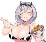  1girl ^_^ animal_print bangs bikini bowl breasts chinese_zodiac chopsticks cleavage closed_eyes collarbone cow_print eyebrows_behind_hair fake_horns food food_on_face gyuudon holding holding_bowl holding_chopsticks hololive horns konboi-eg large_breasts metal_hairband rice rice_on_face shirogane_noel short_hair silver_hair solo swimsuit virtual_youtuber white_background year_of_the_ox 
