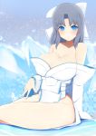  absurdres artist_request bangs bare_legs bare_shoulders blue_eyes blush breasts dress eyebrows_visible_through_hair hair_ribbon highres ice japanese_clothes large_breasts looking_at_viewer off-shoulder_kimono ribbon senran_kagura silver_hair simple_background smile white_dress yumi_(senran_kagura) 