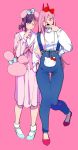  2girls blue_overalls bow chainsaw_man character_request check_character dress full_body hair_bow hello_kitty hello_kitty_(character) higashiyama_kobeni highres horns kanitumuri leg_up long_hair long_sleeves multiple_girls pink_background pink_dress pink_hair power_(chainsaw_man) puffy_long_sleeves puffy_sleeves red_bow red_eyes red_footwear red_horns red_nails sailor_collar simple_background standing sweater v very_long_hair white_sailor_collar white_sweater 