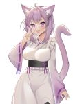  2020 absurd_res animal_humanoid blush breasts clothing corin cute_fangs dress ear_piercing felid felid_humanoid female gesture grey_hair hair hi_res hololive humanoid inner_ear_fluff looking_at_viewer mammal mammal_humanoid okayu_nekomata open_mouth piercing simple_background smile solo tuft v_sign white_background 