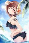  1girl ass bangs bikini black_bikini black_choker blue_sky blurry_foreground blush brown_hair choker closed_mouth commentary_request droplet earrings eyebrows_visible_through_hair flower from_behind hair_flower hair_ornament hairclip half-closed_eye hibiscus highres higuchi_madoka idolmaster idolmaster_shiny_colors jewelry leaf_print lens_flare looking_at_viewer looking_back mole mole_under_eye one_eye_closed palm_tree print_bikini purple_eyes shading_eyes short_hair sky smile solo spiked_choker spikes standing swept_bangs swimsuit tree umeume_(totoya) wading water wet 