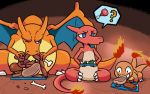  ? ambiguous_gender beef blue_eyes bone cave charmander charmeleon claws clenched_teeth crouching eating egg evolutionary_family fangs feral fire food frown group hi_res hot_dog kazoko_(artist) looking_at_viewer meat membrane_(anatomy) membranous_wings nintendo one_eye_closed pictographics pok&eacute;mon pok&eacute;mon_(species) salad sausage sitting slightly_chubby smile steak tailwag teeth thought_bubble toe_claws tray video_games wings 
