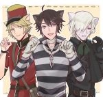  3boys :d ahoge albino andrew_kreiss animal_ears bag bandaged_neck belt black_gloves blonde_hair brown_hair bruise bruised_eye capelet cat_boy cat_ears chain claw_pose closed_mouth coat cross fang gloves green_neckwear hair_over_one_eye hat identity_v injury long_sleeves looking_at_another looking_at_viewer luca_balsa mailman male_focus multiple_boys open_mouth pale_skin popped_collar prison_clothes prisoner purple_eyes red_headwear scar scar_on_cheek scar_on_face scar_on_nose shirt shitari short_hair shoulder_bag sideways_glance simple_background smile stitched_mouth stitches striped striped_shirt sweat victor_grantz watch white_gloves white_hair wristwatch yellow_eyes 