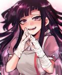  1girl :d apron bandaged_arm bandages bangs blunt_bangs blush breasts commentary_request danganronpa_(series) danganronpa_2:_goodbye_despair gloves hands_up large_breasts long_hair looking_at_viewer medium_breasts messy_hair mole mole_under_eye open_mouth pink_shirt puffy_short_sleeves puffy_sleeves purple_hair shirt short_sleeves sk816 smile solo tsumiki_mikan upper_body white_apron white_gloves 