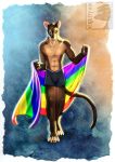  2019 4_toes 5_fingers abs abstract_background anthro bare_chest barefoot bottomwear brown_body brown_eyes brown_fur clothing countershade_torso countershading erkhyan euplerid fingers fossa fur hi_res lgbt_pride looking_at_viewer male mammal mijoro_(erkhyan) muscular muscular_anthro muscular_male pecs pride_colors shorts solo toes whiskers 