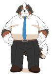  2021 anthro belly bernese_mountain_dog black_body black_fur black_nose bottomwear brown_body brown_fur canid canine canis clothing domestic_dog fur hi_res humanoid_hands kemono male mammal molosser mountain_dog necktie omo_kemo overweight overweight_anthro overweight_male pants shirt simple_background solo swiss_mountain_dog topwear white_background white_body white_fur 