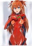  1girl artist_request blue_eyes bodysuit brown_hair hand_on_own_chest highres interface_headset long_hair looking_at_viewer neon_genesis_evangelion plugsuit red_bodysuit solo source_request souryuu_asuka_langley 
