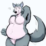  2020 5_fingers anthro beastars belly big_belly big_tail biped black_eyebrows black_eyes black_nose blue_body blue_fur blushysnoots bodily_fluids canid canine canis cheek_tuft chest_tuft chubby_anthro chubby_male countershade_torso countershading crotch_tuft deep_navel digital_drawing_(artwork) digital_media_(artwork) eye_scar eyebrows facial_scar facial_tuft fingers fluffy fluffy_tail front_view fur fur_tuft grey_background grey_body grey_countershading grey_fur hand_behind_head head_tuft hi_res legoshi_(beastars) looking_aside looking_away male mammal motion_lines multicolored_body multicolored_fur musclegut navel nude overweight overweight_anthro overweight_male pecs portrait raised_arm scar simple_background slightly_chubby smile solo standing sweat tailwag three-quarter_portrait three-quarter_view toony tuft white_body white_countershading white_fur wide_eyed wolf 