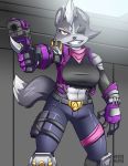  abs anthro athletic athletic_female belt belt_buckle canid canine canis claws clothing crossgender eye_patch eyewear fangs female fur gesture grey_body grey_fur gun hi_res holster jacket looking_at_viewer mammal midriff midriff_baring_shirt muscular muscular_anthro muscular_female navel nintendo pointing pointing_at_viewer ranged_weapon red_eyes reylogart00 scarf signature solo star_fox topwear video_games weapon wolf wolf_o&#039;donnell 