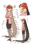  1girl antennae bug cardigan centipede centipede_girl centipede_maeshima check_translation crossed_arms evolvingmonkey full_body highres insect_girl original pantyhose pencil_skirt red_eyes skirt translation_request white_background 