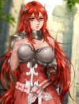  1girl alternate_breast_size asymmetrical_armor breasts chest_guard cleavage cordelia_(fire_emblem) esther fire_emblem fire_emblem_awakening fire_emblem_heroes form_fitting hair_wings large_breasts long_hair looking_at_viewer red_eyes red_hair signature solo tagme very_long_hair 