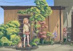  1girl adapted_costume berries blonde_hair bubba_(watson_amelia) bush cardigan corrugated_galvanised_iron_sheet day dog door gutter highres hololive hololive_english jl_tan morning name_tag outdoors pitchfork plant porch potted_plant power_lines shade shed signature slippers solo tree virtual_youtuber watering_can watson_amelia yawning 